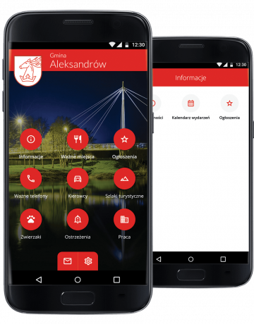 dwa telefony z grafikami aplikacji gminy Aleksandrów